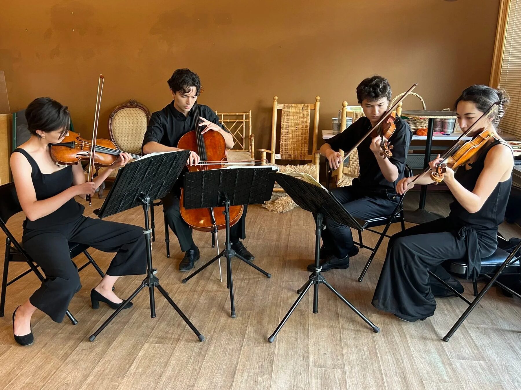 InTune String Ensemble playing together, seated with music stands